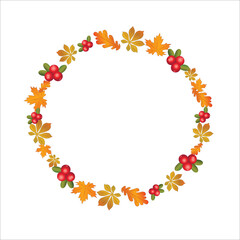 Happy Thanksgiving day digital illustration. Wreath with floral elements orange maple leaves as a circle on the white background. Holiday greeting card for celebration poster, brochure. Autumn holiday