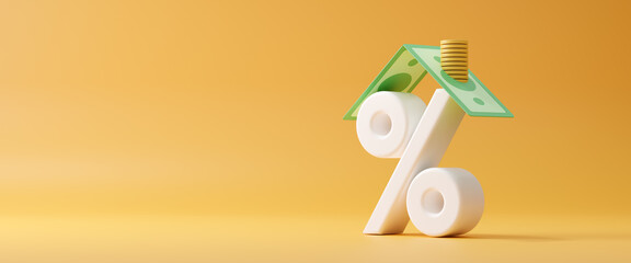 White percentage symbol and money roof model, real estate and housing mortgage rates, interest rate for house loan or renting, property tax or banking cost concept, copy space, 3d rendering - obrazy, fototapety, plakaty
