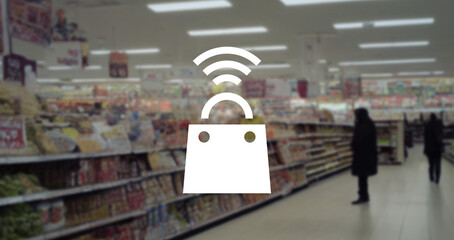 ショッピングバッグと無線通信アイコン