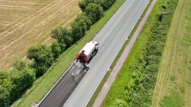 Road Resurfacing Aerial View of Surface Dressing Micro Asphalt Process