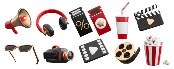  3d set of cinema, movie, theatre, video and audio icons. Trendy glossy plastic design elements. High quality isolated render