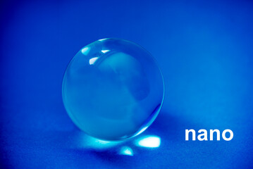 blue glass sphere and the word nano as a concept for nano particel