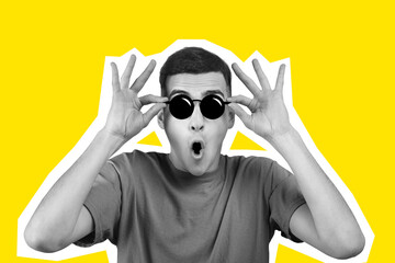 Excited young man touching his eyeglasses, collage, magazine style