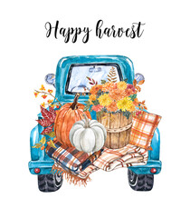Fall harvest truck with pumpkins, mum flowers in a basket, pillows and blankets. Watercolor hand-painted illustration. - 528715062