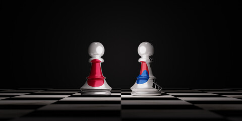 Japan and south Korea flag print screen to pawn chess on chessboard for business economic alliance...