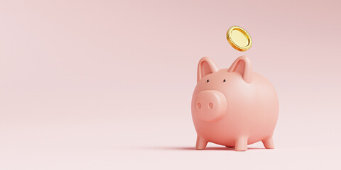 Golden coins putting to pink piggy bank, Money saving for investment and financial planing concept...