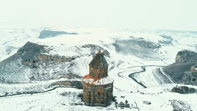 Aerial view of Kars Ani Ruins. 4K Footage in Turkey. Ani Harabeleri