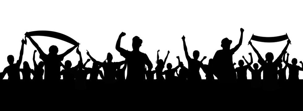 Cheerful People Having Fun Celebrating. Soccer Fans Crowd Silhouette, Party And Holiday. Soccer And Sport Fans Crowd Silhouette