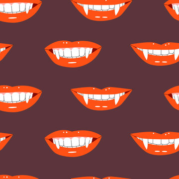Flat vector cartoon seamless pattern with vampire lips.