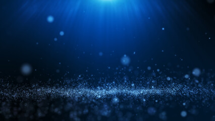 Glitter light blue particles stage and light shine abstract background. Flickering particles with bokeh effect.