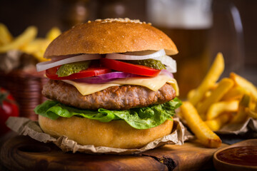 Hamburger with french fries on wooden table