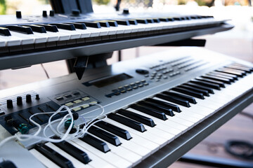 piano keys closeup at stage

