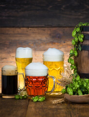 Different kinds of light and dark beer in the glasses on the wooden table 