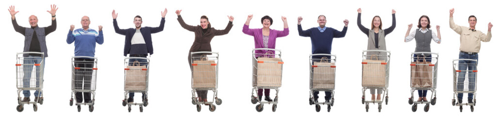 group of people with cart raised their hands up