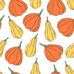 Seamless pattern with hand drawn colored pumpkins with on a light background. Doodle, simple outline illustration. It can be used for decoration of textile, paper and other surfaces.