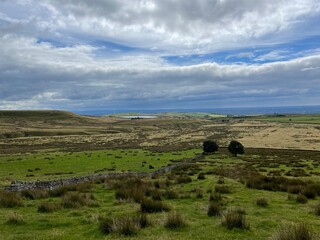 Aerial view of rural farmland and countryside. Taken in Lancashire England. 