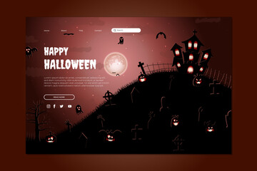 Happy Halloween Website Design. Flat Halloween Landing Page Template with silhouettes of pumpkins, bats, and haunted house