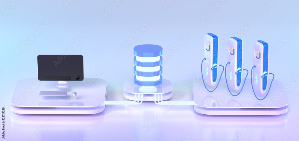 Poster data center isometric 3d render. api, database server with charging station for electric cars and re