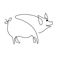 One line drawing of pig, Black and white vector minimalistic hand drawn illustration