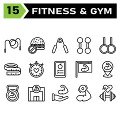 Fototapeta premium Healthy and fitness icon set include rope, jump, skip, healthy, fitness, gym, burgers, no food, unhealthy, food, diet, gripper, grippers, hand, bodybuilding, lifting, weight, aerobics, exercise