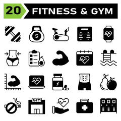 Healthy and fitness icon set include weight, gym, equipment, workout, bike, scale, smart, watch, device, hearth, diet, body, waist, avocado, food, checklist, fruits, bodybuilder, muscle, calendar