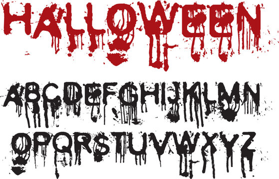 Halloween Alphabet, Set of different splashes of blood or paint, Vector set of different splashes of blood, drops and trail. Isolated over white background. 