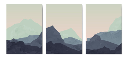 Mountain background wall art vector set. Sunrise and sunset with fog in the mountains. Earth tones landscapes abstract art, watercolor texture. wallpaper design for wall prints, canvas prints, posters