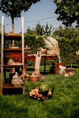 Ukrainian holiday with a buffet and decor on the grass on the street