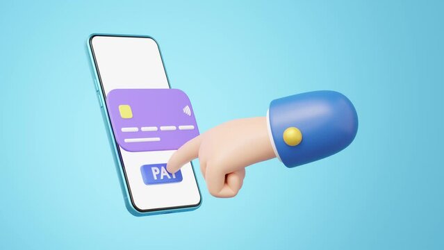 3D Hand press pay button icon. Phone and credit card float on blue background. Business man like mobile banking. Online payment approve. Withdraw money concept. 3d cartoon render with Alpha channel.
