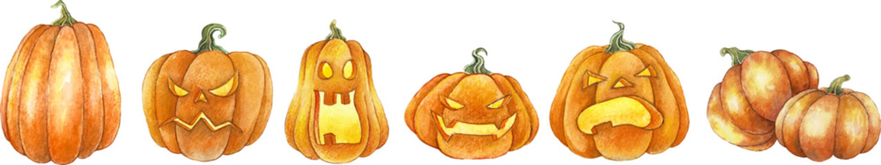 Watercolor vector illustration of Halloween pumpkins. Seamless border for autumn decoration. Hand painting halloween clipart. Set of pumpkin. 