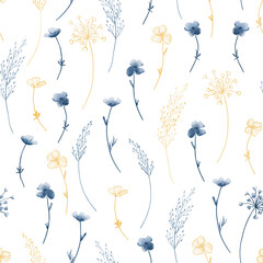 Blue and gold flowers watercolor seamless pattern. For house textile, background, wallpaper, decor