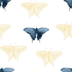 Blue and gold butterflies watercolor seamless pattern. For house textile, background, wallpaper, decor