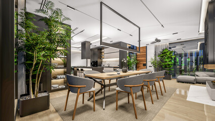 3d rendering of modern cozy interior with living,dining zone stair and kitchen for sale or rent with wood plank by the sea or ocean. Spacious apartments with expensive furniture,equipment and flowers