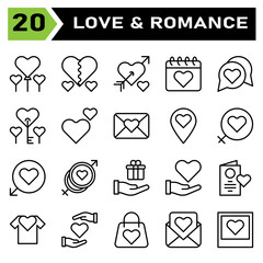 Love and romance icon set include balloon, love, romantic, heart, valentine, broken, romance, couple, wedding, calendar, date, chat, conversation, key, double, favorite, mail, message, envelope