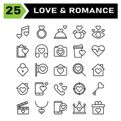 Love and romance icon set include song, music, wedding, heart, love, jewelry, ring, marriage, cooking, restaurant, dinner, birthday, couple, romance, eye, list, headphone, camera, documentation