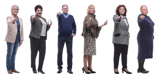 group of business people showing finger at camera