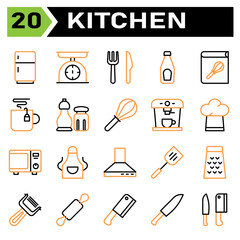 Kitchen equipment icon set include refrigerator, fringe, kitchen, equipment, scales, scale, weight, fork, knife, cutlery, bottle, sauce, tomato, ketchup, recipe, book, cook, cookbook, cooking, coffee