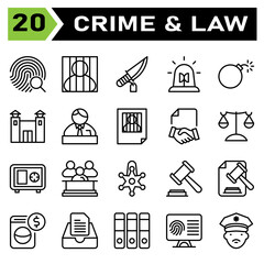 Crime and Law icon set include fingerprint, identification, investigation, evidence, search, jail, prisoner, criminal, convict, prison, knife, crime, weapon, siren, ambulance, police, emergency