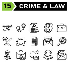 Crime and Law icon set include pistol, weapon, gun, crime, evidence, handcuffs, arrest, cuffs, prisoner, police, stamp, document, hammer, justice, file, dynamite, bomb, terror, time, briefcase, office