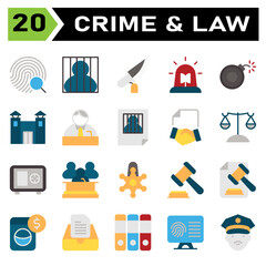 Crime and Law icon set include fingerprint, identification, investigation, evidence, search, jail, prisoner, criminal, convict, prison, knife, crime, weapon, siren, ambulance, police, emergency