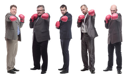 collage of businessmen in boxing gloves isolated