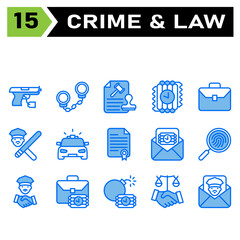 Crime and Law icon set include pistol, weapon, gun, crime, evidence, handcuffs, arrest, cuffs, prisoner, police, stamp, document, hammer, justice, file, dynamite, bomb, terror, time, briefcase, office