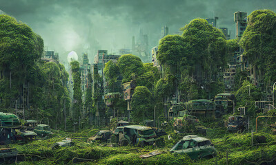 ville post-apocalyptique, bâtiments dystopiques envahis par la végétation, peinture numérique