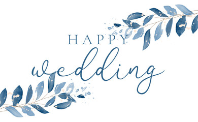 Happy Wedding Day Greeting Card Lettering. Greenery Watercolor Floral wedding card design