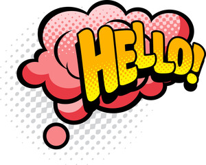 Pop art comic cloud, hello chat message isolated