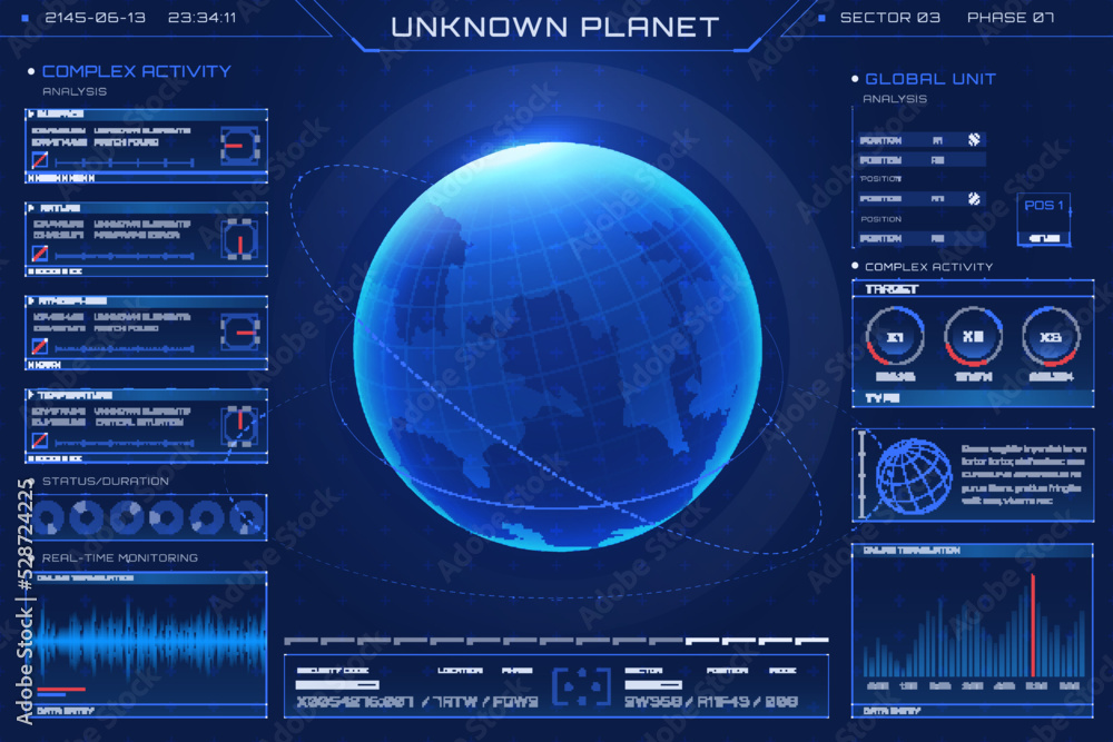 Poster hud futuristic alien planet world map hologram. exploration of an unknown planet. interactive screen