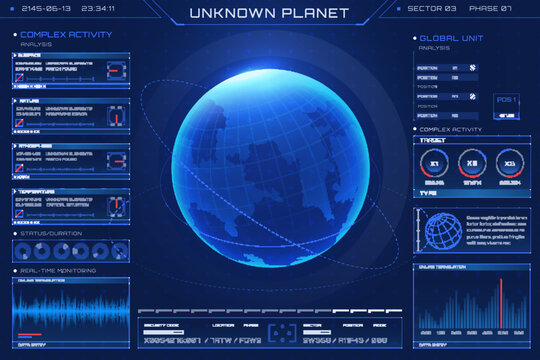 HUD futuristic alien planet world map hologram. Exploration of an unknown planet. Interactive screen with digital interface