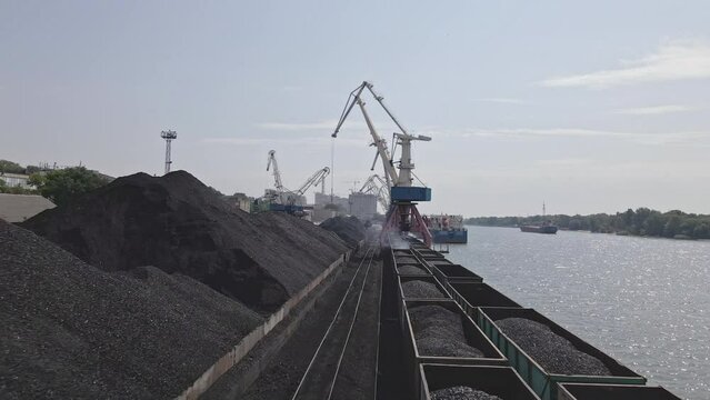 Cinematic view of coal transportation. Power and energy concept.