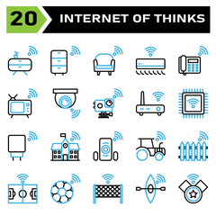 Internet of things icon set include cabinet, furniture, internet of things, sofa, couch, air conditioner, telephone, television, camera, action camera, router, processor, charger, port,school,building