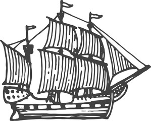 Brigantine sailing ship with flag, retro sailboat